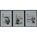 A group of six Chinese silk embroidery pictures depicting figures, birds and landscapes.