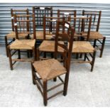 A harlequin set of eight Lancashire spindle back dining chairs with rush seats (8).