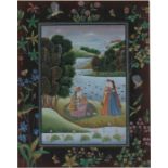 An Indian painting on silk depicting figures by a lake side, framed & glazed, 25 by 35cms (9.75 by