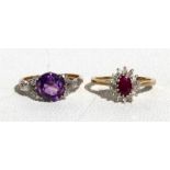 A 9ct gold amethyst set dress ring, approx UK size 'L'; together with a 9ct gold ruby cluster