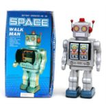 A Chinese battery operated ME 100 boxed tinplate Space Walk Man Robot, collectable edition. 30cms (