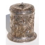 A Victorian Elkington & Co. silver plated cylindrical form biscuit barrel decorated in relief with