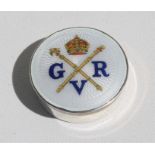 A George IV Commemorative circular silver & guilloche enamel pill box, Birmingham 1910.