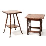 A burr wood and oak occasional table, 55cms (21.5ins) wide; together with an oak two-tier occasional