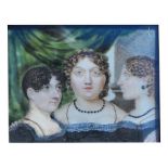 A Georgian naive painting on ivory depicting three young women, framed & glazed, 9 by 7cms (3.5 by