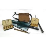 A Hardy Bros extending fishing gaff; two fly tins; a landing net and a shoulder bag.