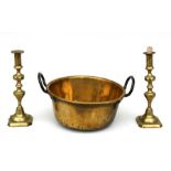 A Victorian two-handled brass preserve pan, 32cms (12.5ins) diameter; together with a pair of