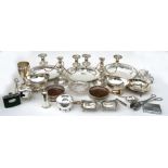 A quantity of silver plated items including a pair of wine coasters and a pair of candelabra (box).