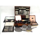 A silver backed dressing table set, Birmingham 1961; a cased set of Mappin & Webb silver plated