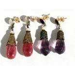 A pair of Chinese silver gilt tourmaline and pearl drop earrings with the remains of blue kingfisher