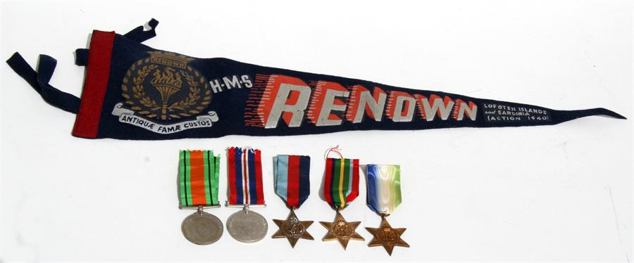 A rare pennant from HMS Renown in 1940 with a WW2 medal group of five including the Atlantic &