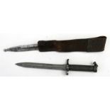 A Swiss Mauser bayonet in its steel scabbard with leather frog. Stamped to the cross guard L198.