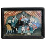 A China Trade reverse painting on glass of a European family in a Chinese carved hardwood frame,