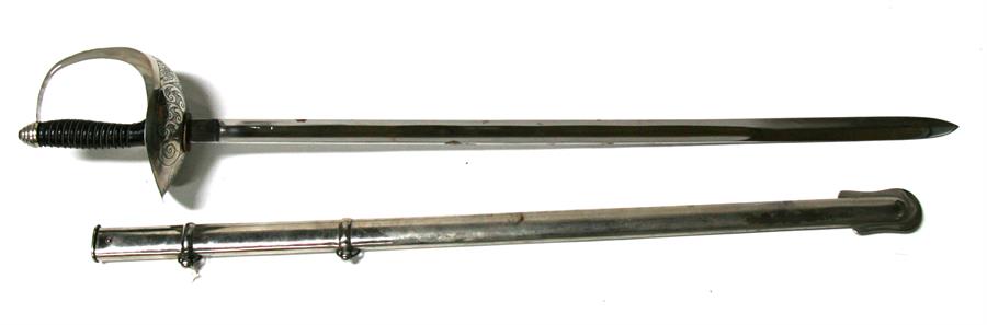 A good quality reproduction sword in its polished steel scabbard. Blade length 90cms (35.5ins)