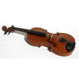 A one piece back violin and bow, 59cm (23.25ins) long.