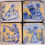 Four Dutch blue & white tiles, decorated with various figural scenes to include hunting and basket