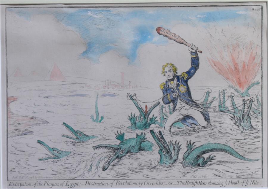 James Gillray, an 18th century hand-coloured engraving depicting Lord Nelson 'Extirpation of the - Image 2 of 2
