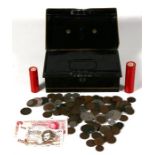 A cash box of old coins, bank notes, medallions and empty coin tubes