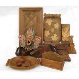 A carved Indian two-handled tray; a sliding book rack; and other items (box).
