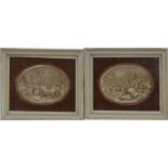 A pair of plaster relief panels, depicting medieval scenes, framed and glazed, 32cm x 22cm (12.