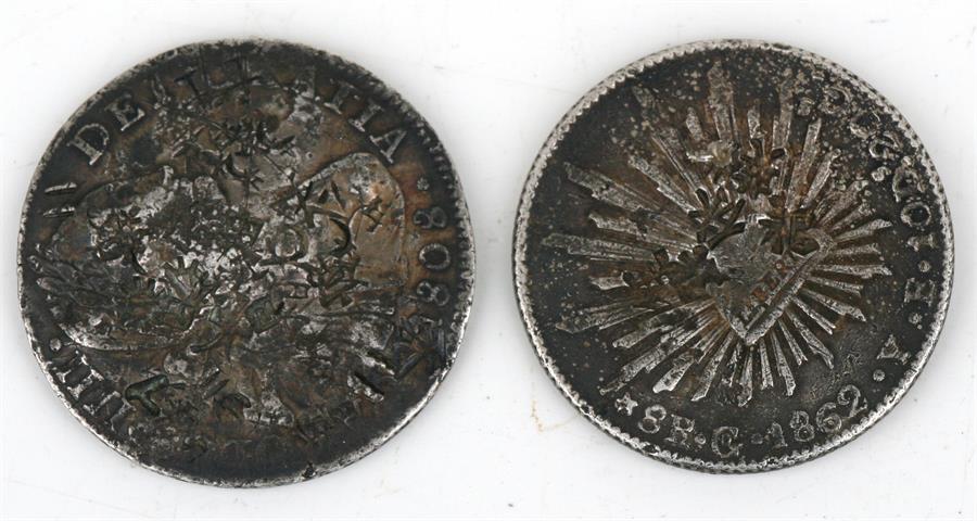 Two Chinese over struck chop marked coins, 1808 British Crown and 1862 Mexico First Republic 8 - Image 2 of 2