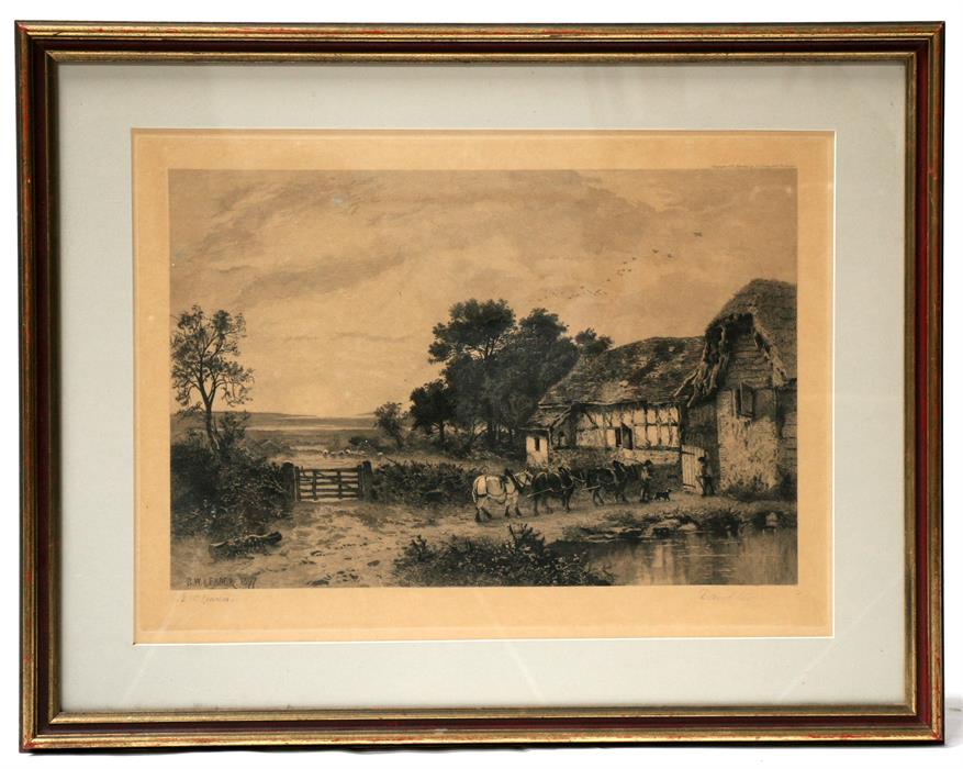 B W Leader, country scene, etching, framed and glazed, 58cm x 42cm (22.75ins x 16.5ins)