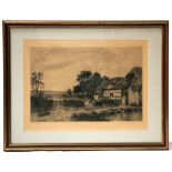 B W Leader, country scene, etching, framed and glazed, 58cm x 42cm (22.75ins x 16.5ins)