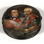 A 19th century papiermache Stobwasser style portrait snuff box, of circular form, depicting two