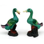 A pair of Staffordshire pottery ducks in the Chinese manner, 23cm (9ins) high.