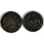 Two Chinese over struck chop marked coins, 1808 British Crown and 1862 Mexico First Republic 8