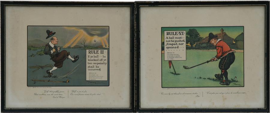 A pair of Perrier advertising prints, depicting comical golfing scenes, framed and glazed 22cm x16cm