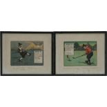 A pair of Perrier advertising prints, depicting comical golfing scenes, framed and glazed 22cm x16cm