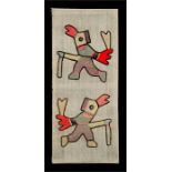 A mid 20th century South American textile wall hanging stylized figures, 53cm x 123cm (48.5ins x