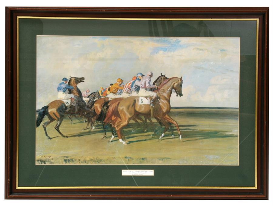 A J Munnings, a pair of prints, "Under starters orders" and "At Hethersett Races" 59cm x 45cm (23.