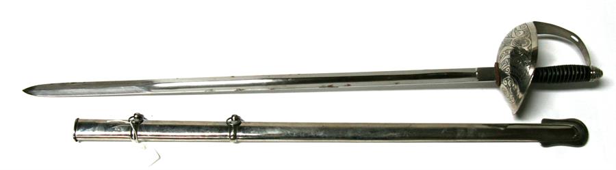 A good quality reproduction sword in its polished steel scabbard. Blade length 90cms (35.5ins) - Image 2 of 2