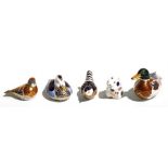 A Group of Royal Crown Derby paperweights to include a Linnet, a Wren, a Mouse and two Ducks (5).