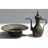 A Turkish / Islamic dallah coffee pot with matching bowl, decorated with calligraphy, 28cms (