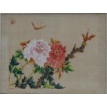 A Chinese watercolour painting on silk depicting a butterfly and flowers, framed & glazed, 35 by