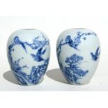 A pair of Chinese blue & white ovoid form brush washers decorated with birds perched in prunus, with