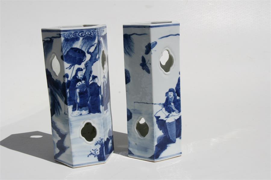 A pair of Chinese hexagonal form blue & white wig stands decorated with figures in a landscape, with - Image 5 of 8