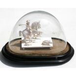 A 19th century ivory group depicting boar hunting, under a glass dome on an ebonised base, the ivory