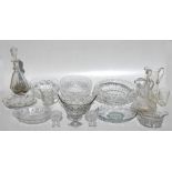 A quantity of cut glass items to include an 18th century butter dish and a musical decanter.