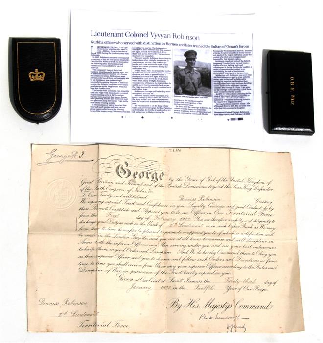 Lieutenant Colonel V. Robinson, O.B.E, M.C., His 1922 dated Promotion Warrant to 2nd Lieutenant in