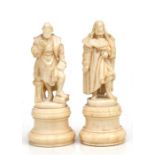 A pair of carved ivory figures on turned stands, one possibly depicting Shakespeare, each 6.5cms (