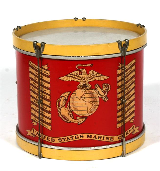 A 1950s USMC United States Marine Corps drum, with Battle Honours from the Revolutionary War through