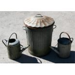 Two galvanised watering cans; together with a galvanised dustbin (3).