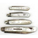 Four mother of pearl and silver bladed fruit knives including an example by George Unite (4).