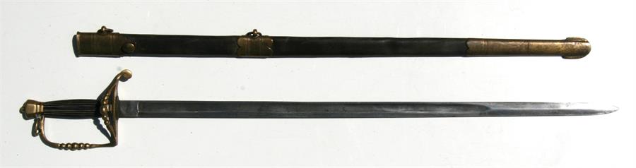 A good quality 20th century copy of an officers five ball Spadroon sword in its leather scabbard