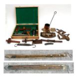 A boxed set of Faithfull woodworking tools; a set of brass postal scales; other tools and two