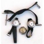 Three silver trench watches; together with two leather pocket watch straps.